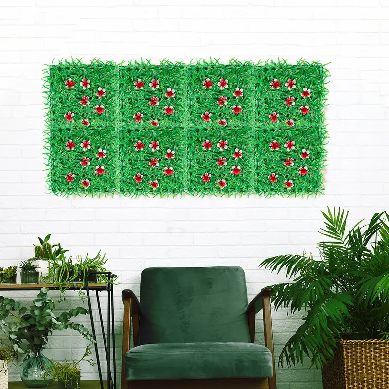 Pasto Artificial Con Flores Color Rojo Para Decoración, 25X25cm 1