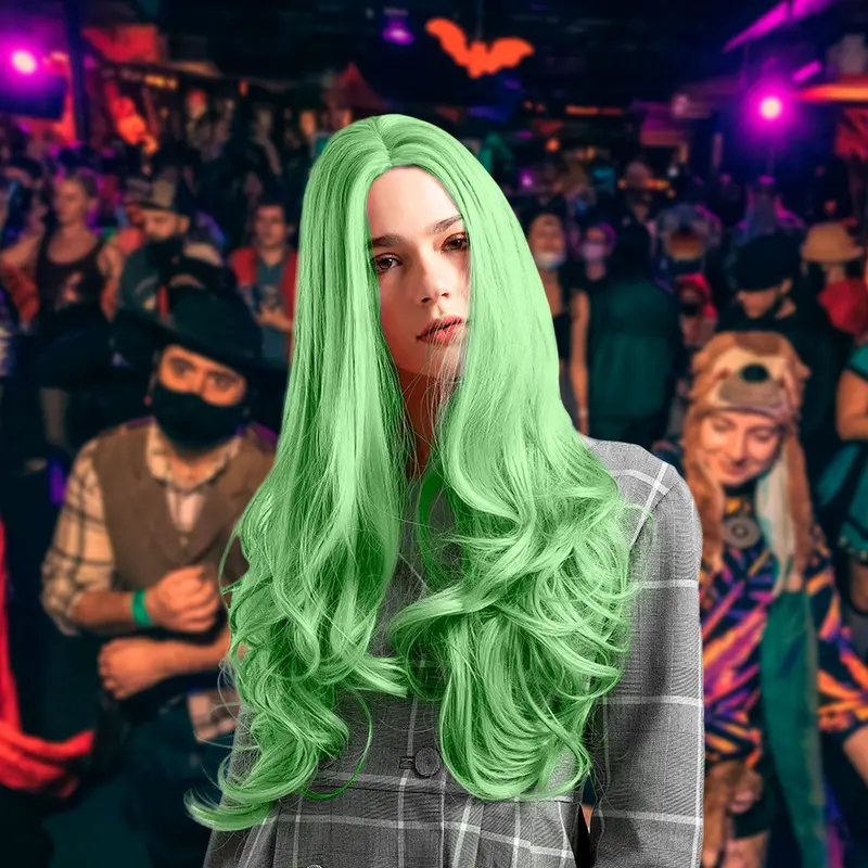 Peluca Color Verde Con Ondas Para Disfraz 1