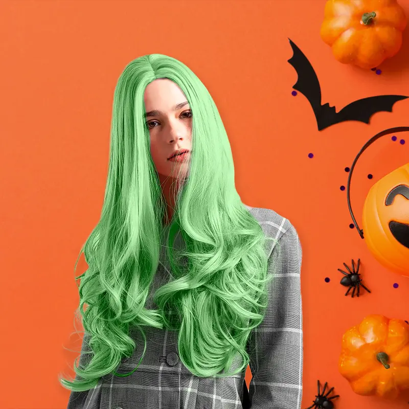 Peluca Color Verde Con Ondas Para Disfraz 2