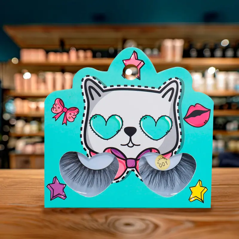 Pestañas Postizas, Empaque Aqua De Gatito Con Corazones 1