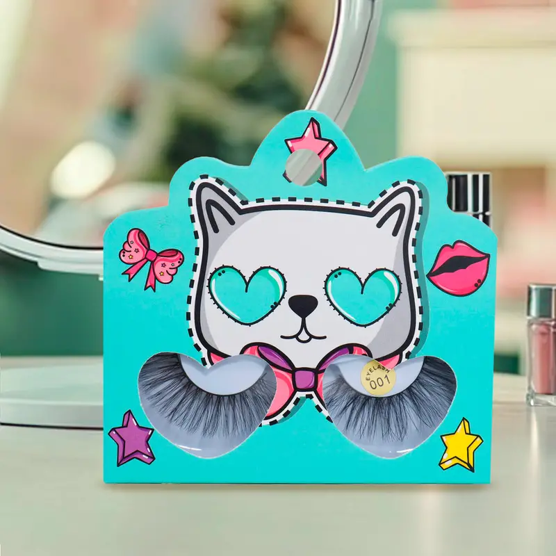 Pestañas Postizas, Empaque Aqua De Gatito Con Corazones 2