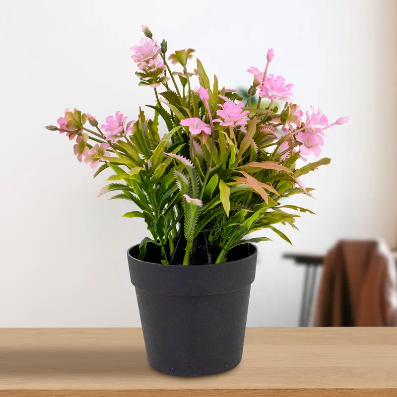 Planta Artificial Con Flores Color Rosa En Maceta 1
