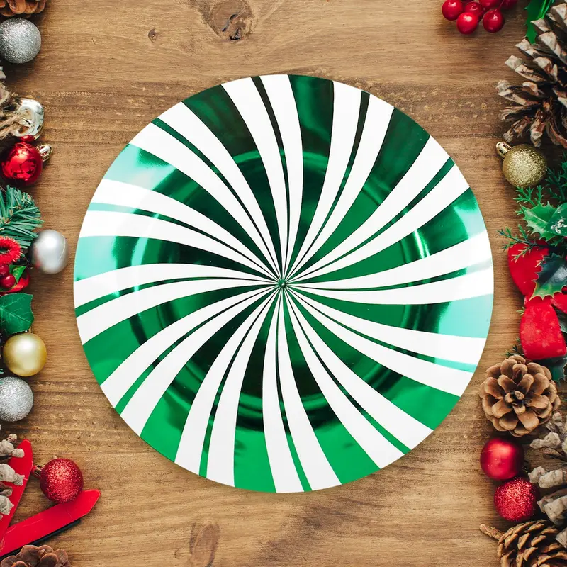 Plato De Plástico Navideño, Diseño Caramelo, Color Verde 1