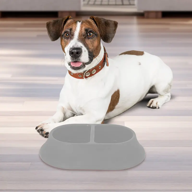 Plato Doble Color Gris Para Mascota 2