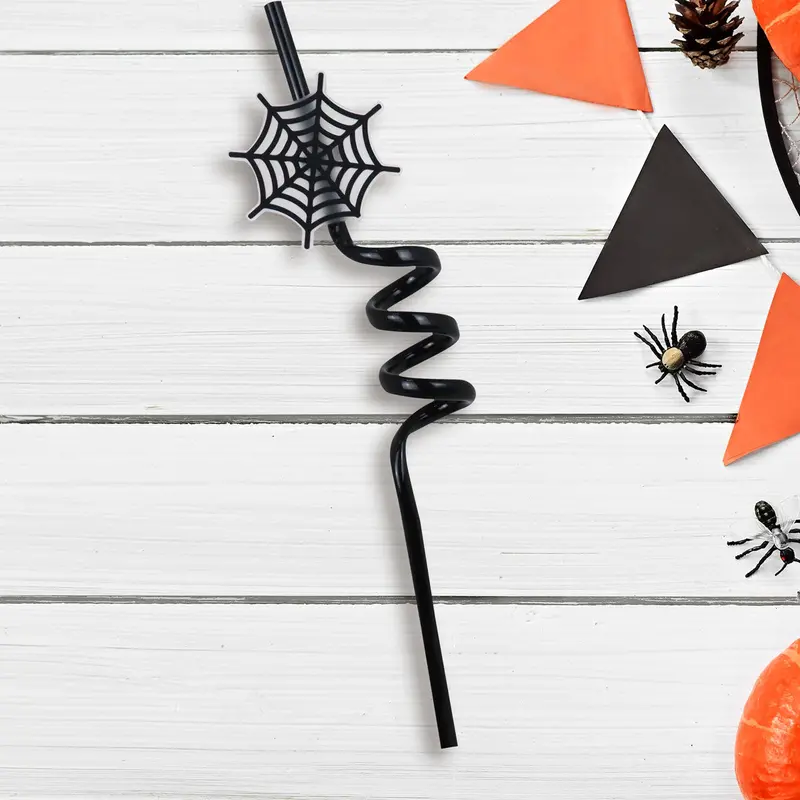 Popote Color Negro En Espiral Con Decoración De Telaraña 2