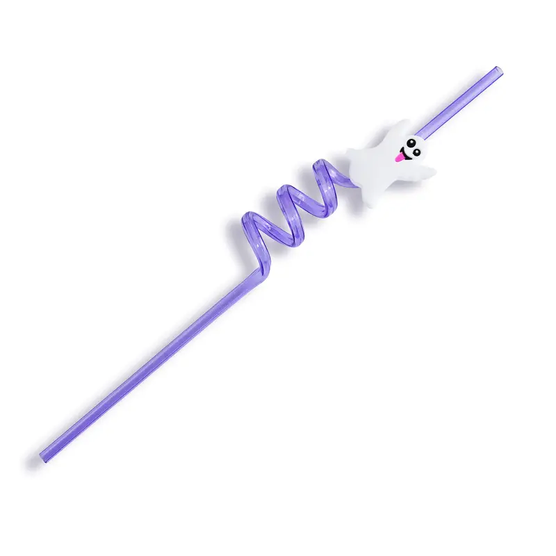 Popote De Plástico Color Morado En Forma De Espiral Con Fantasma 2