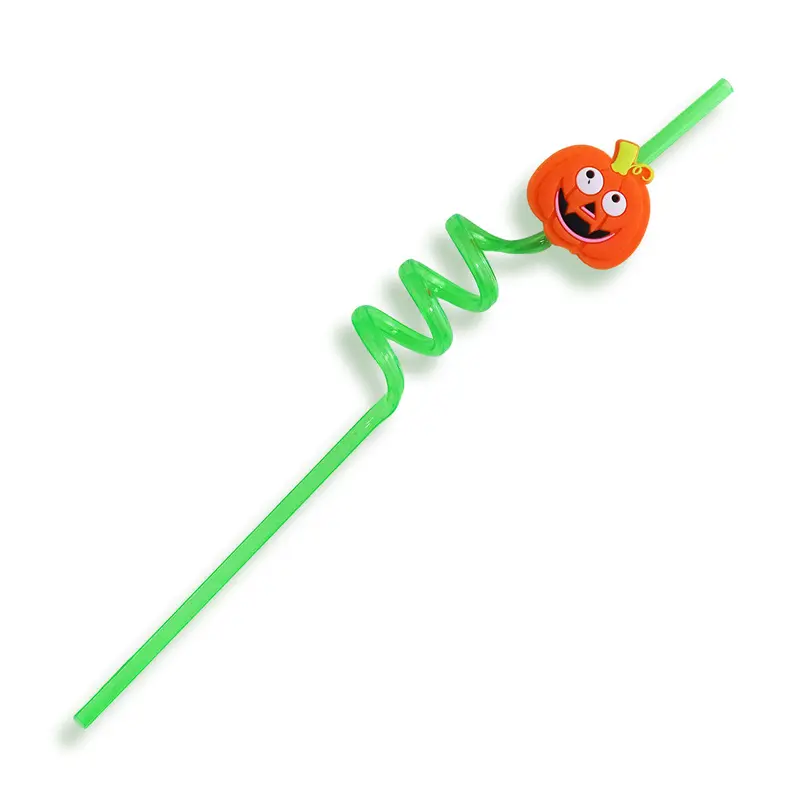 Popote De Plástico Color Verde En Forma De Espiral Con Calabaza 2