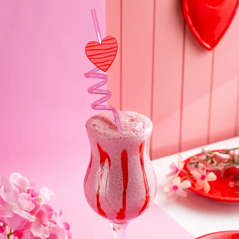Popote En Espiral Con Figura De Corazón, Color Rosa 1