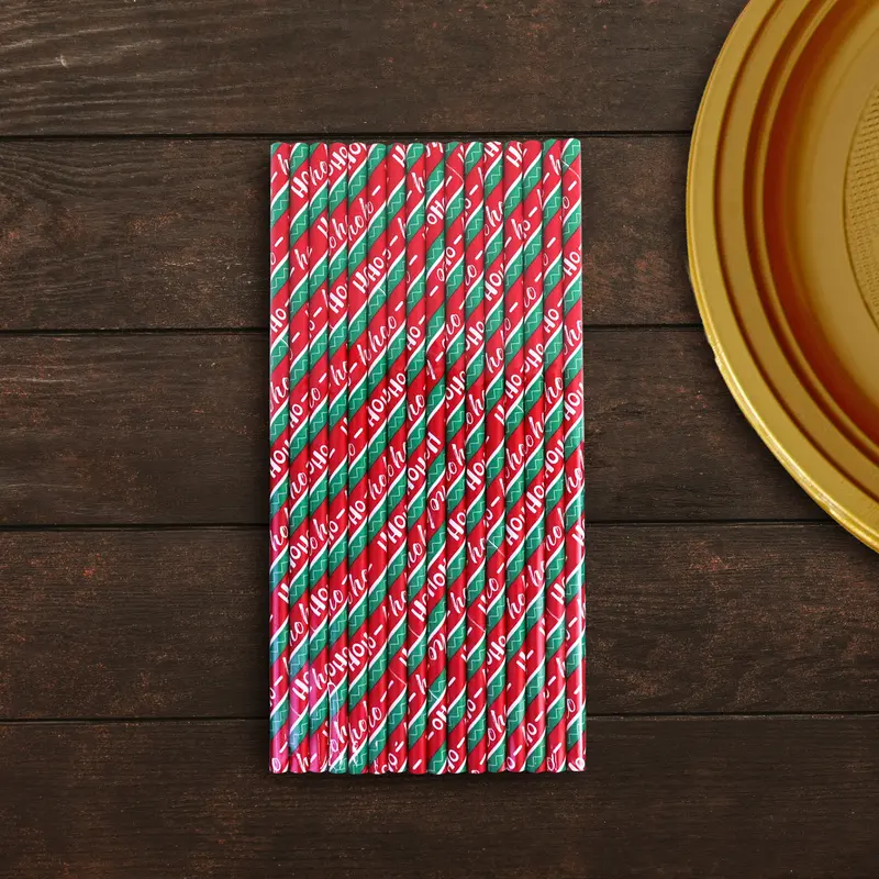 Popotes De Papel Color Rojo Con Diseño De Navidad 2