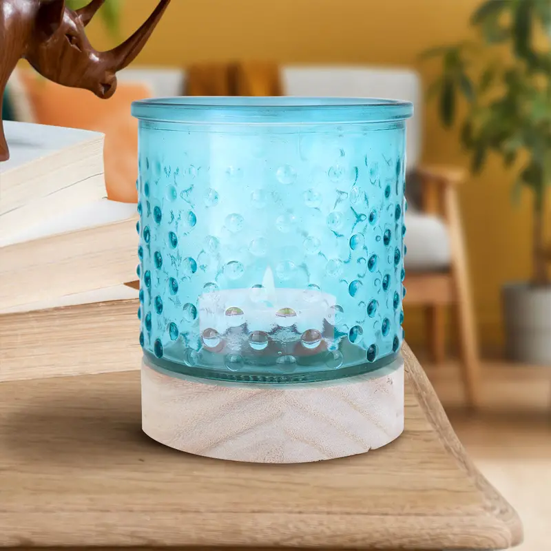 Portavela Color Aqua Con Base De Madera 1