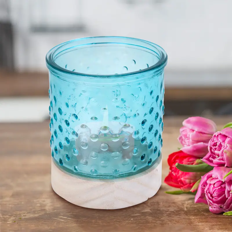 Portavela Color Aqua Con Base De Madera 2