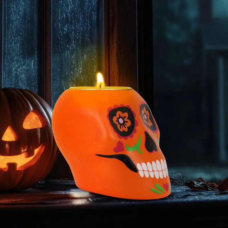 Portavela Con Diseño De Calavera De Dulce Color Naranja 1