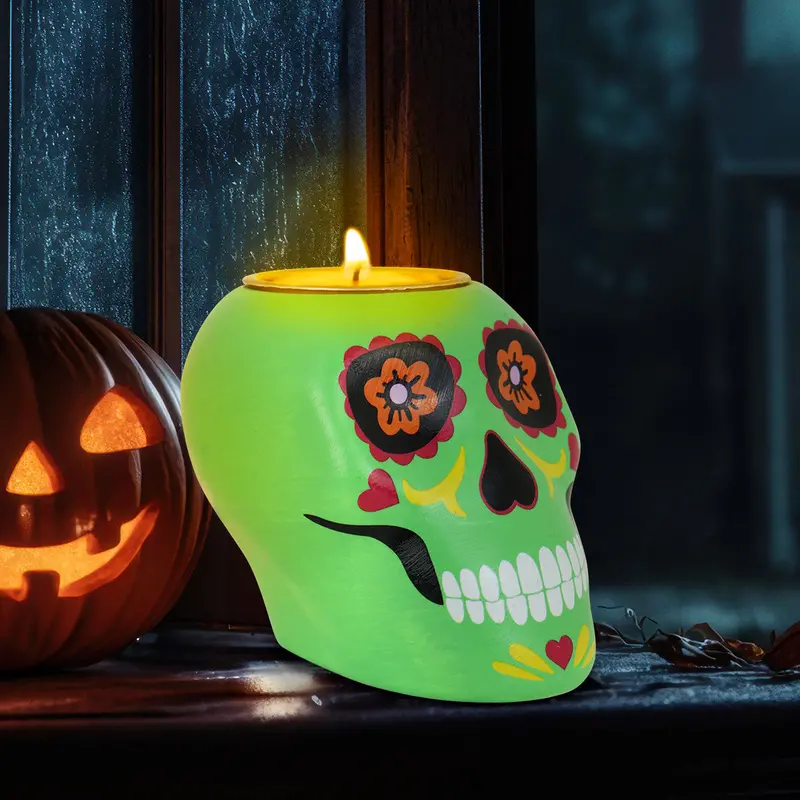 Portavela Con Diseño De Calavera De Dulce Color Verde 1