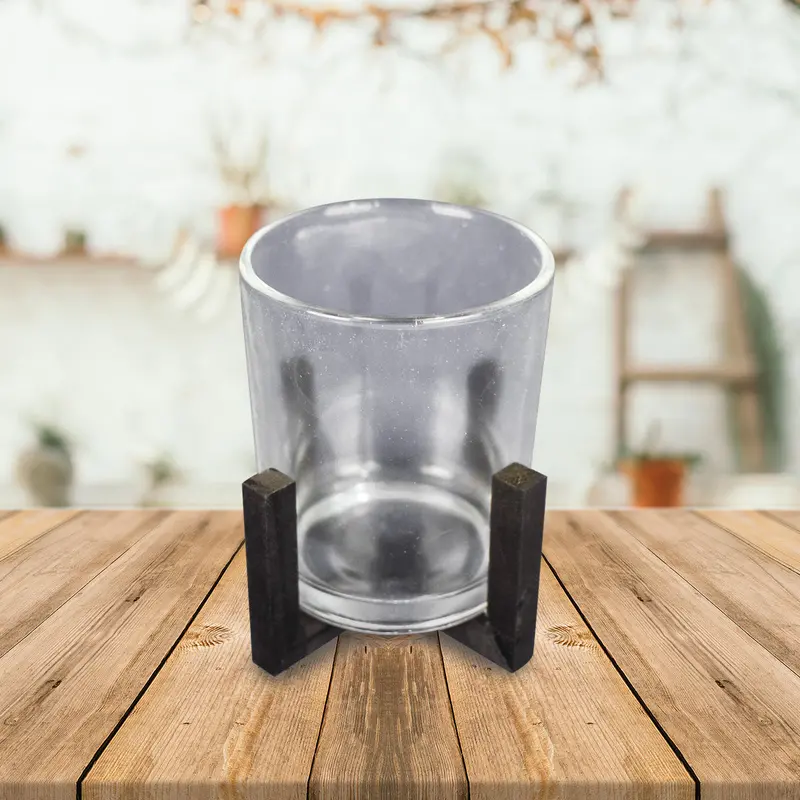 Portavela De Vidrio Con Base De Madera 1