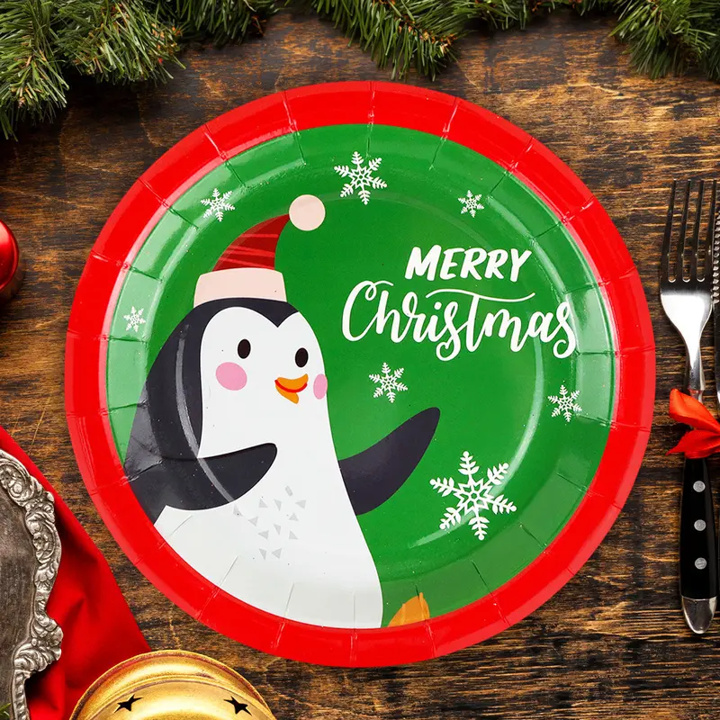 Set De 10 Platos De Cartón "Merry Christmas", Diseño Pingüino 1