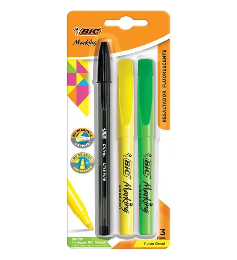 Set De 2 Resaltadores Fluorescente Bic Marking Y 1 Bolígrafo Bic Color Verde 2