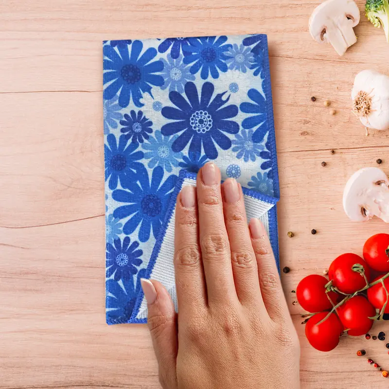 Set De 2 Trapos De Microfibra Con Diseño De Flores Color Azul 1