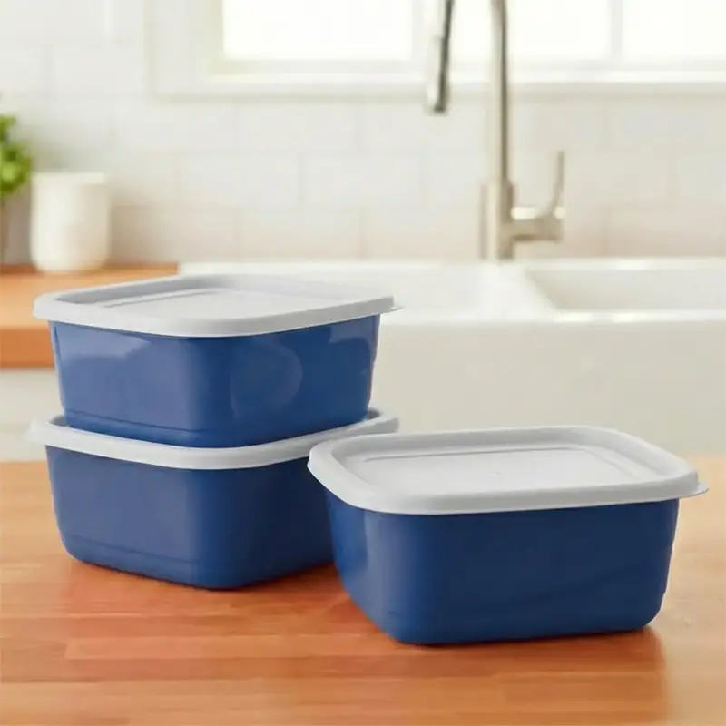 Set De 3 Contenedores Cuadrados, Color Azul Con Tapa, 750 Ml 1