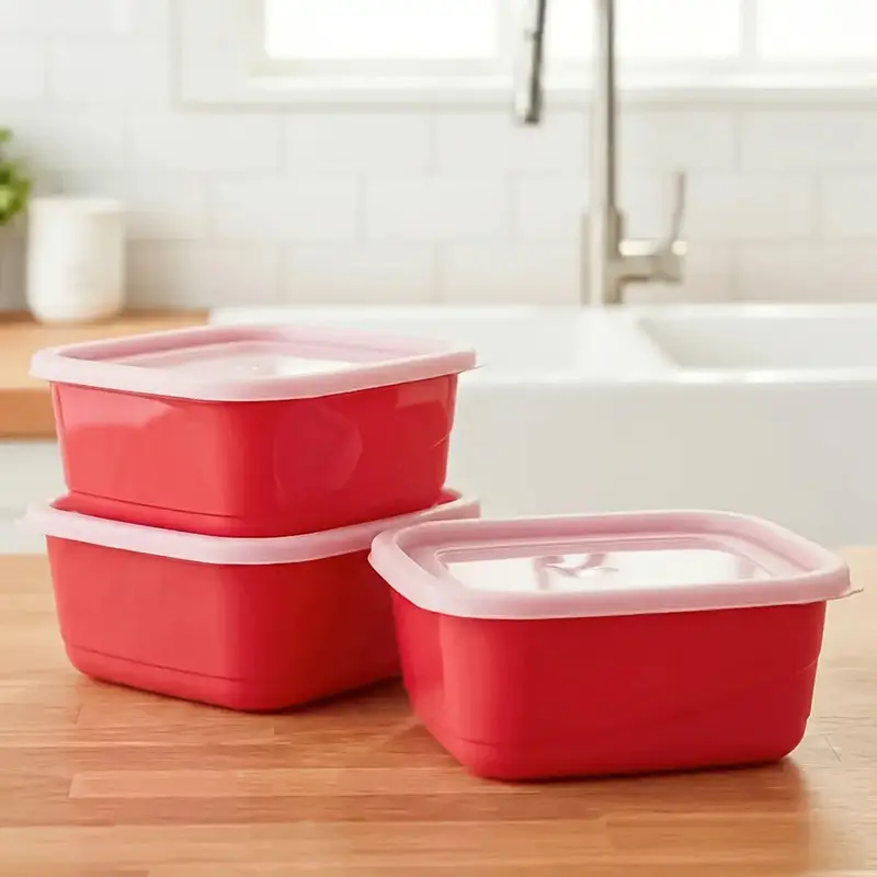 Set De 3 Contenedores Cuadrados, Color Rojo Con Tapa, 750 Ml 1