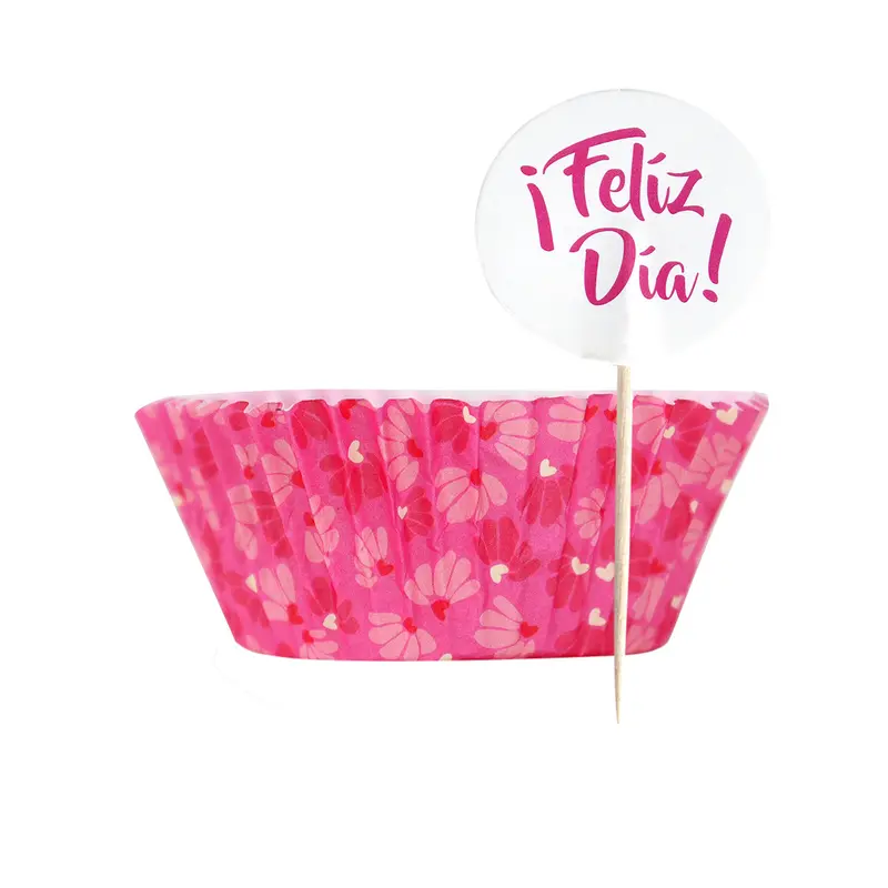 Set De Capacillos Diseño Flores Con Toppers Para Cupcakes, "¡Feliz Día!" 2