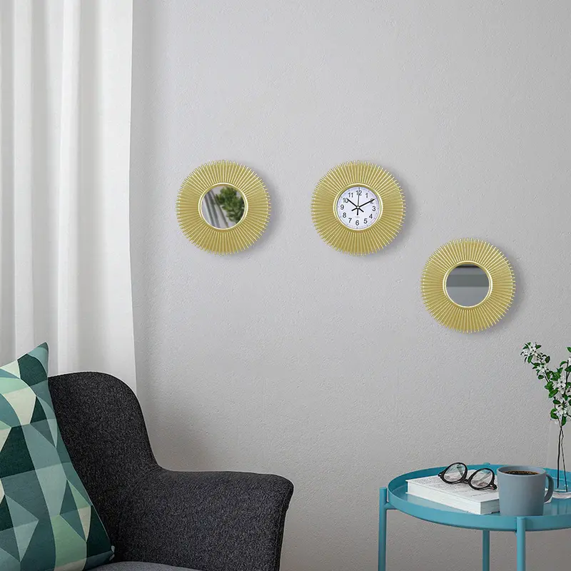 Set De Espejos Y Reloj Con Marco Circular Color Oro 1