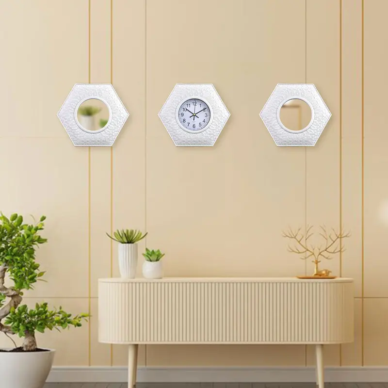 Set De Espejos Y Reloj Con Marco Hexagonal Color Blanco 1