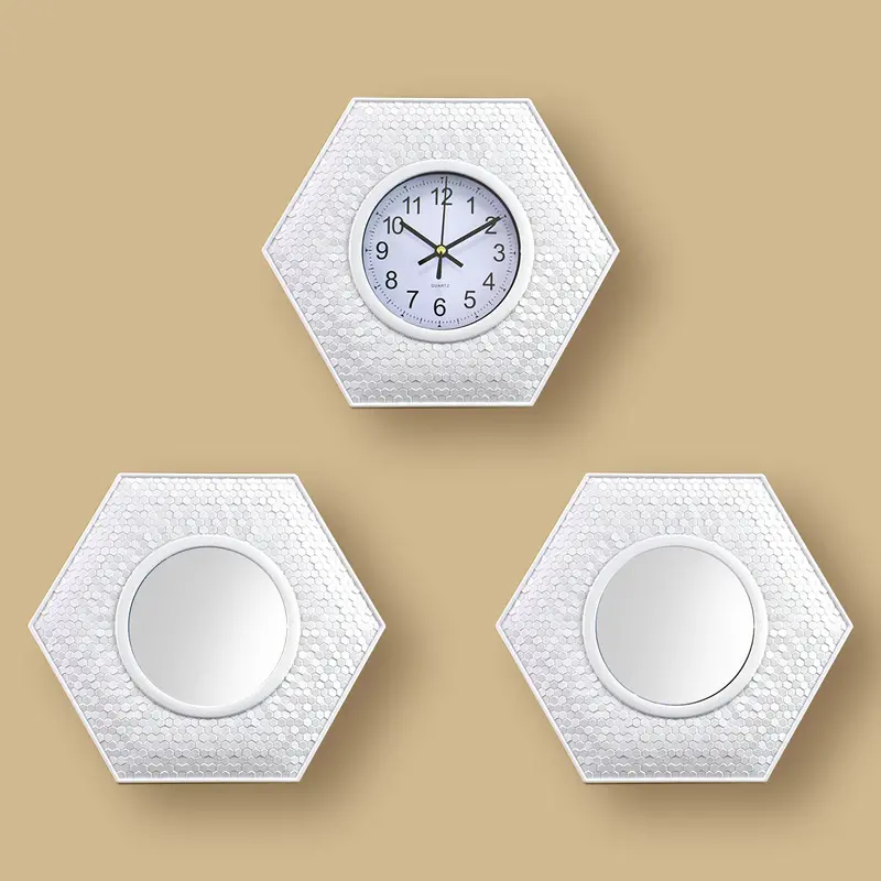 Set De Espejos Y Reloj Con Marco Hexagonal Color Blanco 2