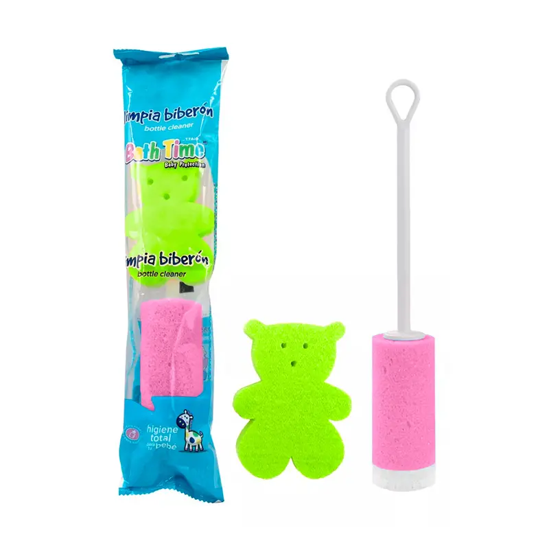 Set De Esponjas Limpia Biberones, Color Rosa Con Verde 1