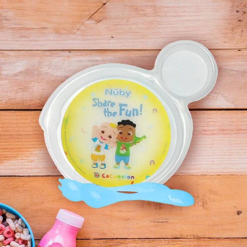 Set De Plato Transparente Y Cubiertos Azules Para Bebé, Cocomelon, Nuby 1