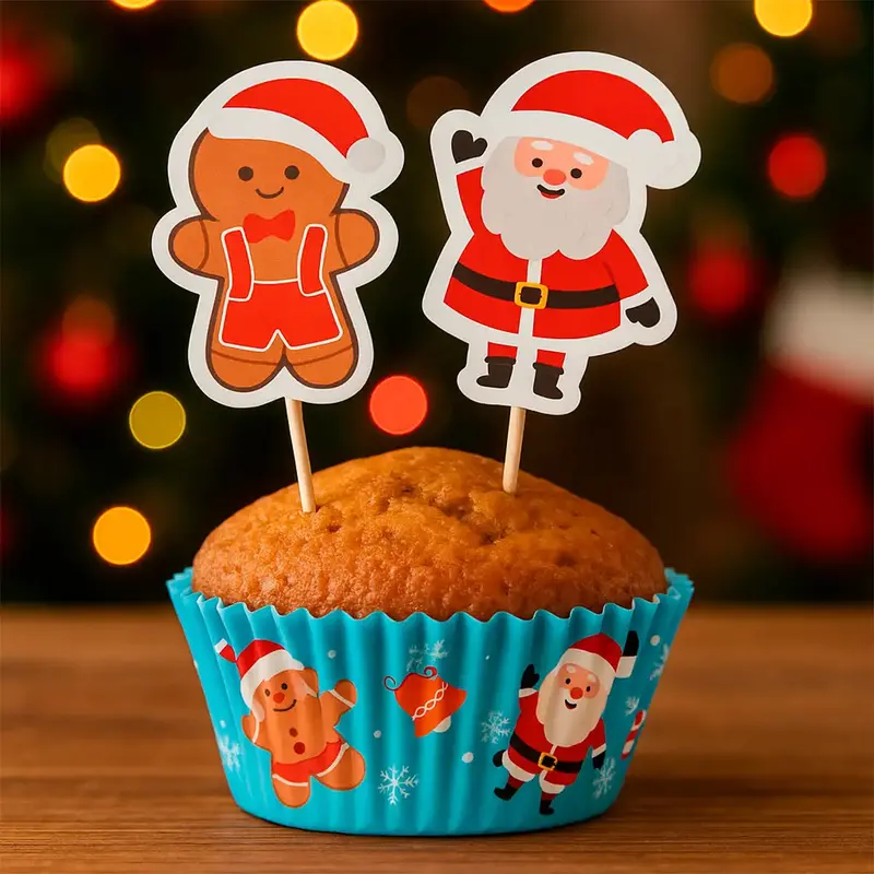 Set Navideño De Capacillos Y Palillos Decorativos Para Cupcakes, Santa 2