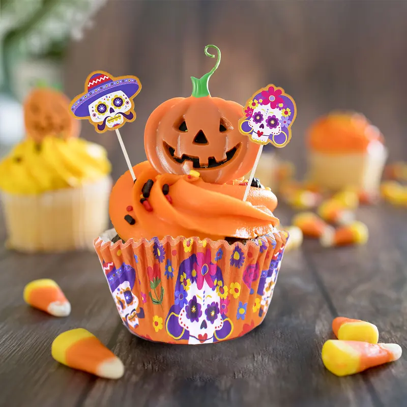 Set Para Cupcakes Capacillos Y Palillos Decorativos Color Naranja 1