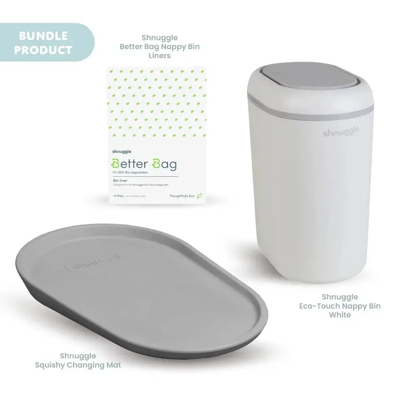 Shnuggle Changing Essentials Bundle - Squishy Changing Mat, Eco-Touch Nappy Bin + Better Bag Nappy Liners 1