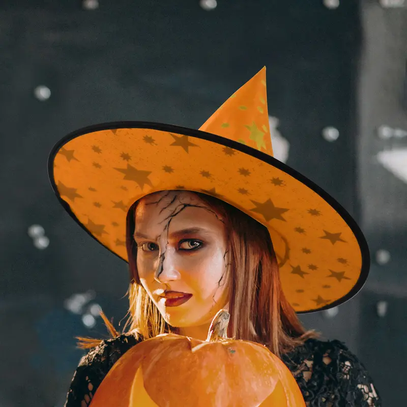 Sombrero Color Naranja Con Estrellas Para Disfraz De Bruja 1