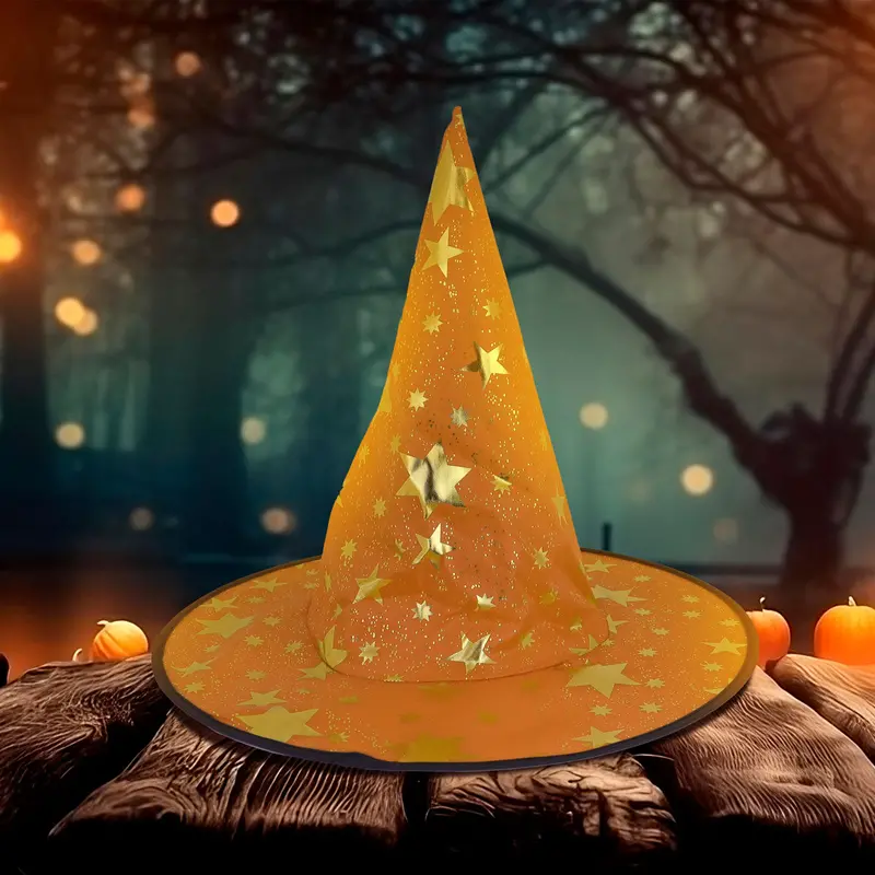 Sombrero Color Naranja Con Estrellas Para Disfraz De Bruja 2