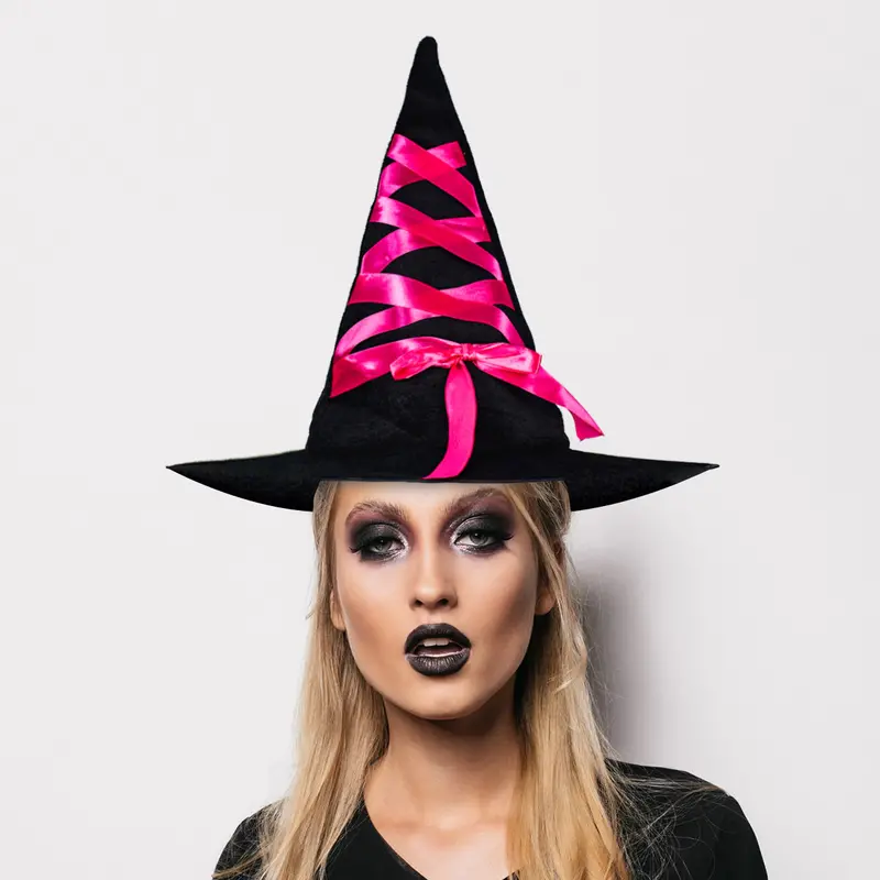 Sombrero De Bruja Decorado Con Listón Color Fucsia 1