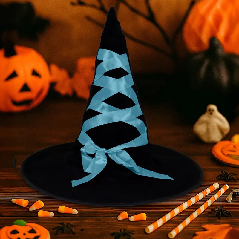 Sombrero De Bruja Negro Decorado Con Listón Azul 1