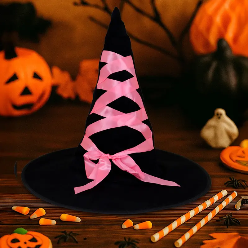 Sombrero De Bruja Negro Decorado Con Listón Rosa 1