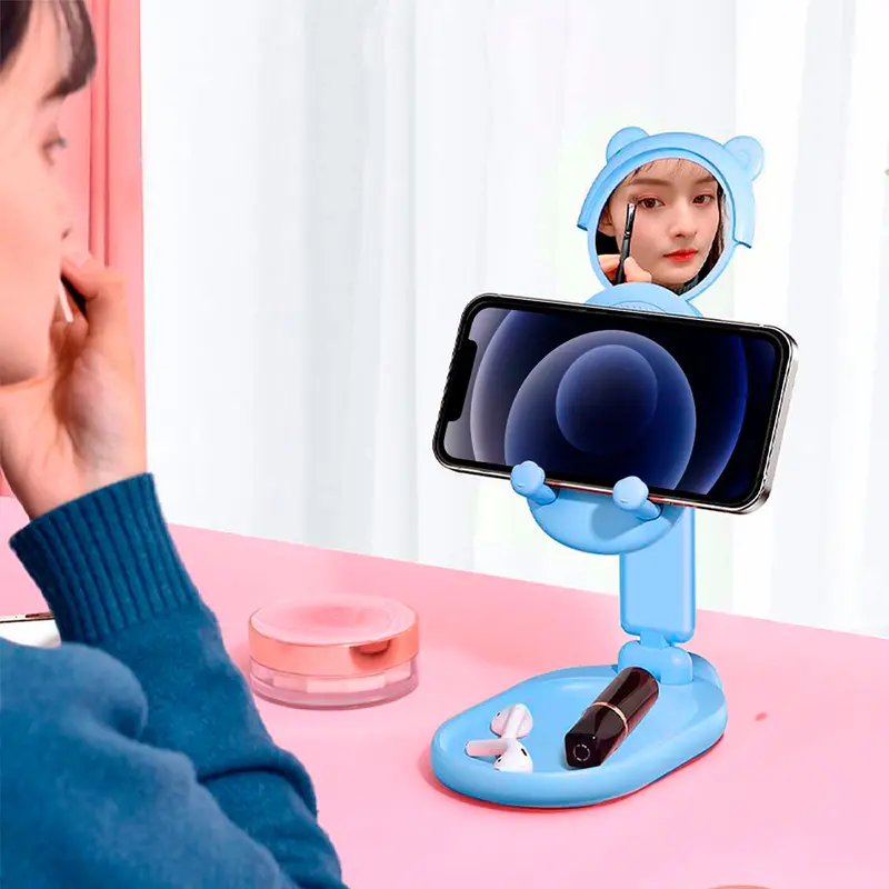 Soporte Para Celular De Gato Con Espejo Color Azul 1