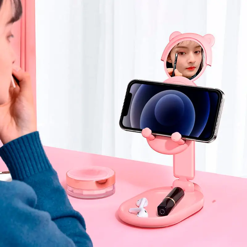 Soporte Para Celular De Gato Con Espejo Color Rosa 1