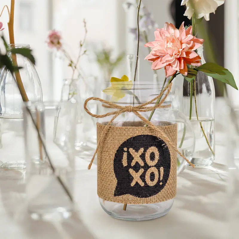 Tarro De Vidrio Mason Jar Xoxo Decorado  Con Yute 1