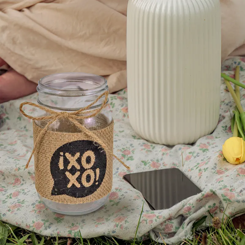 Tarro De Vidrio Mason Jar Xoxo Decorado Con Yute 2