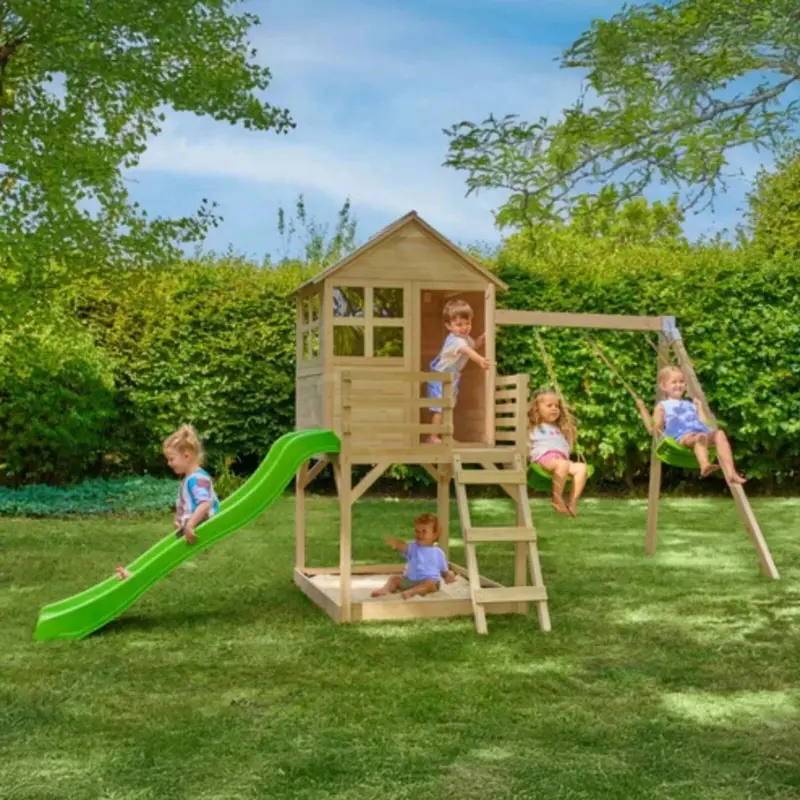 Tp Buttercup Wooden Playhouse With Deck Slide & Double Swing Arm 2