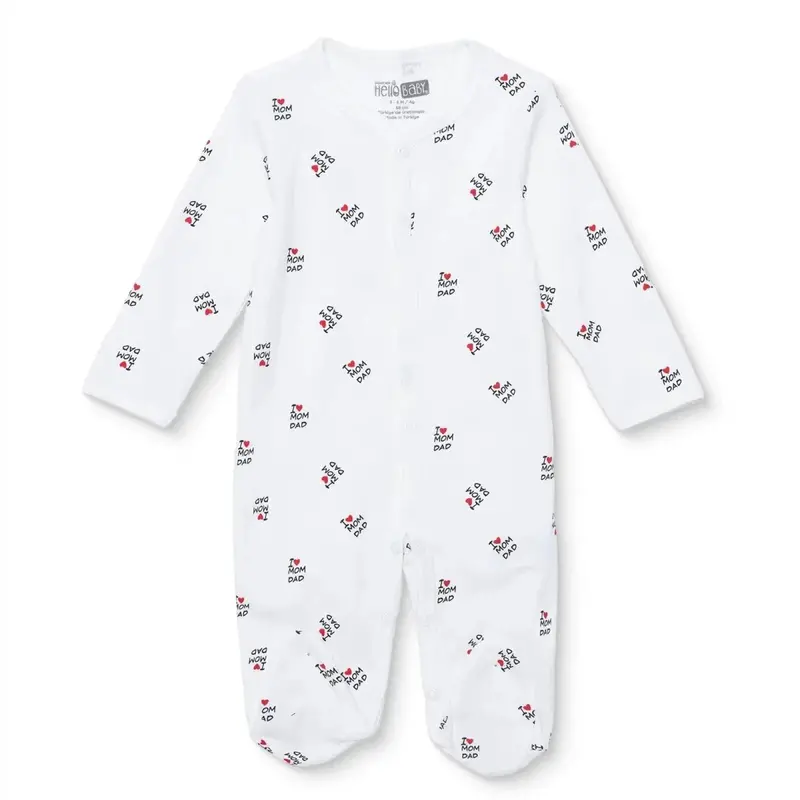 Unisex Footed Sleepsuit Slogan Print Snap Fastening Crew Neck - White Printed 1