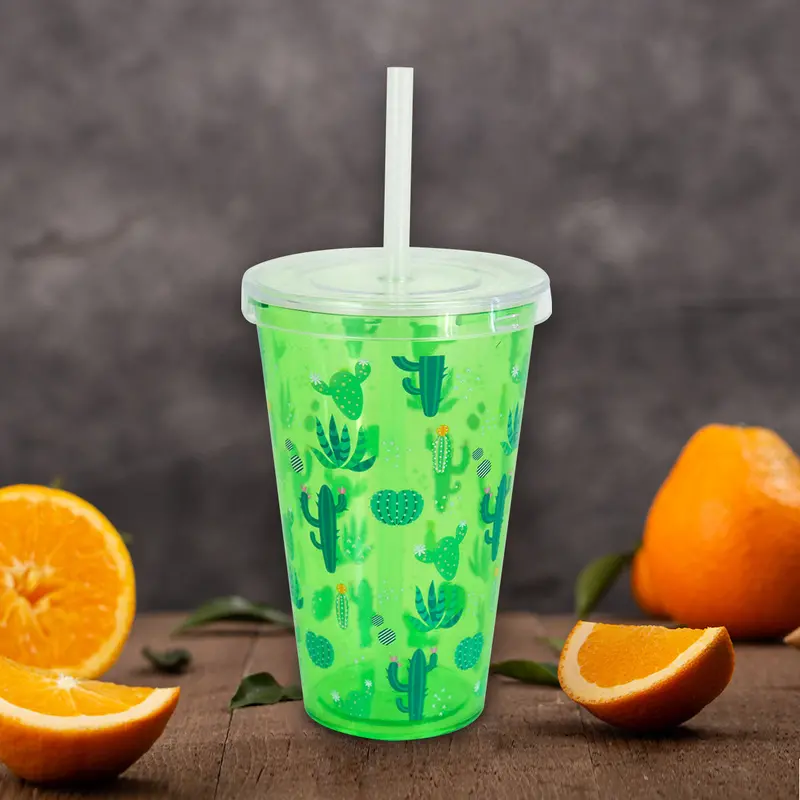 Vaso Con Popote Y Tapa Color Verde 400 Ml 1