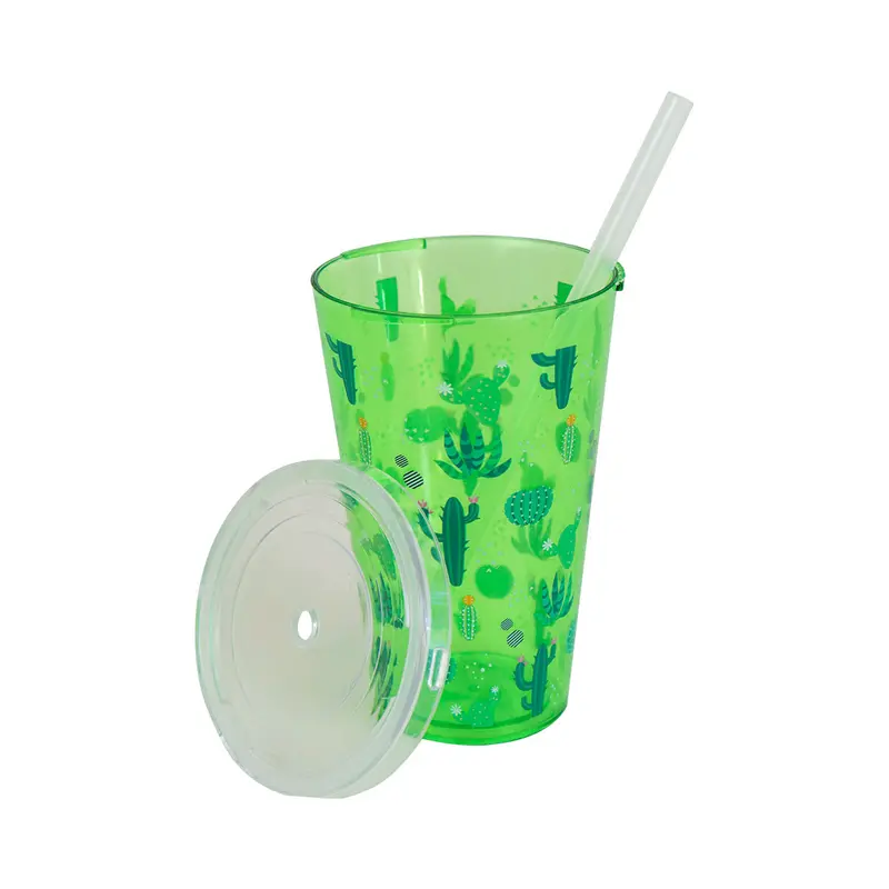 Vaso Con Popote Y Tapa Color Verde 400 Ml 2