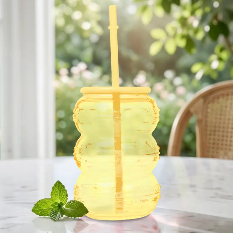 Vaso De Cristal Con Tapa, Color Amarillo 1