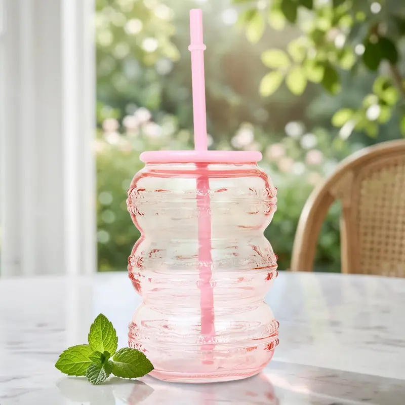Vaso De Cristal Con Tapa, Color Rosa 1