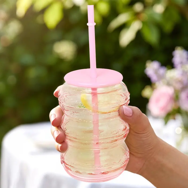 Vaso De Cristal Con Tapa, Color Rosa 2