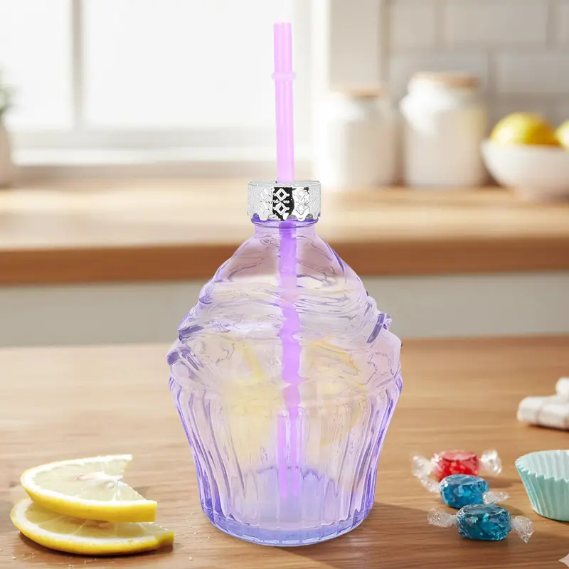 Vaso De Cristal Con Tapa, Diseño Cupcake, Color Lila 1