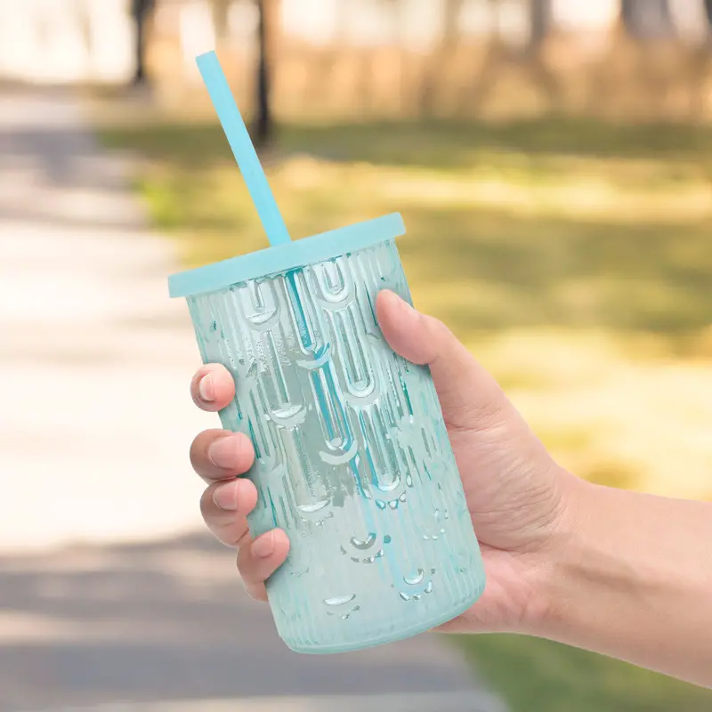 Vaso De Cristal Con Tapa Y Popote, Color Azul, 450 Ml 1